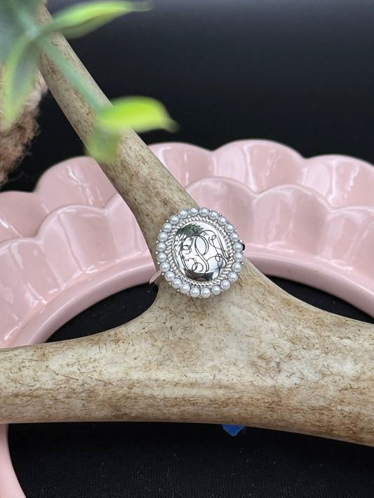 Engravable Sterling Silver Pearl Border Ring