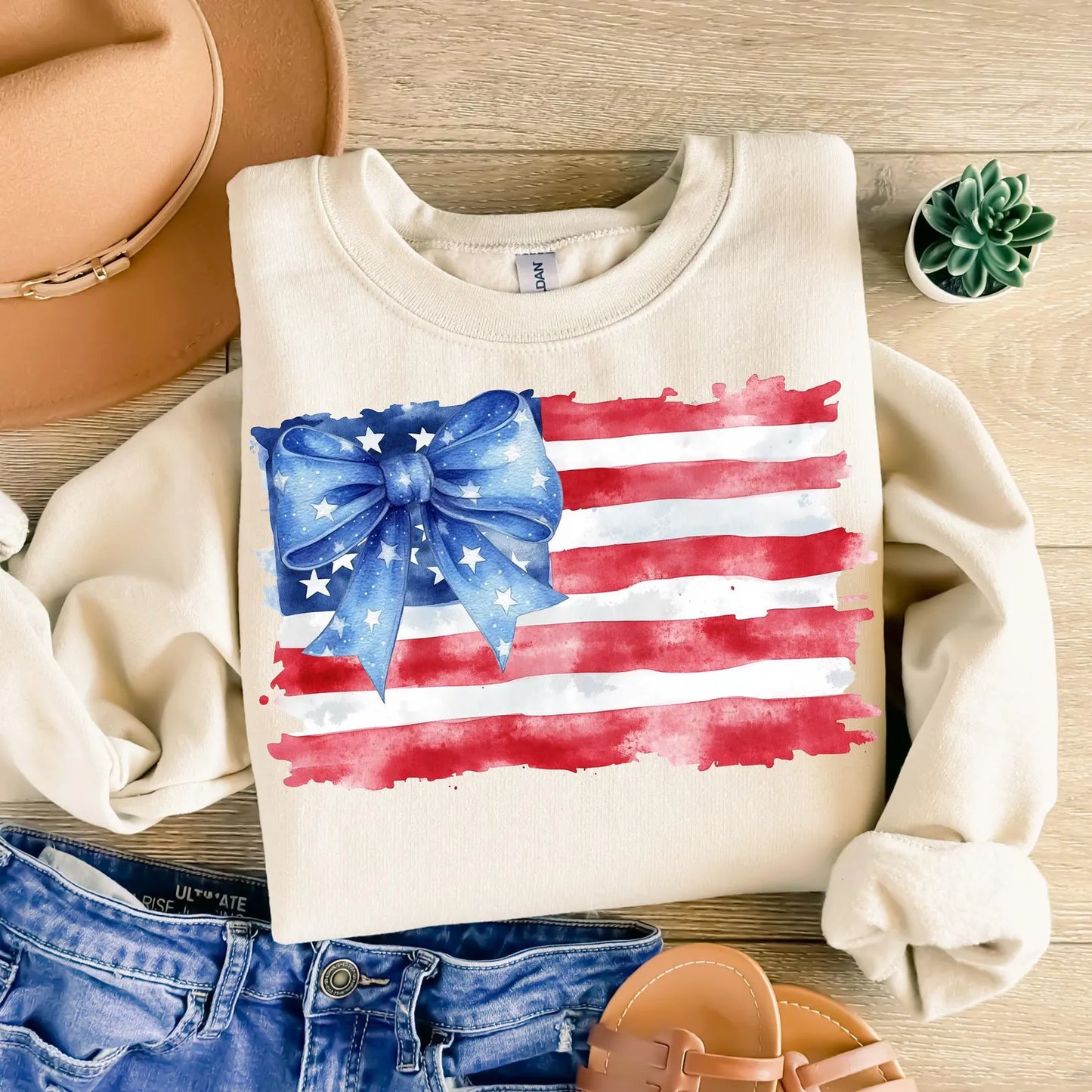 Watercolor Patriotic Bow Flag Tee